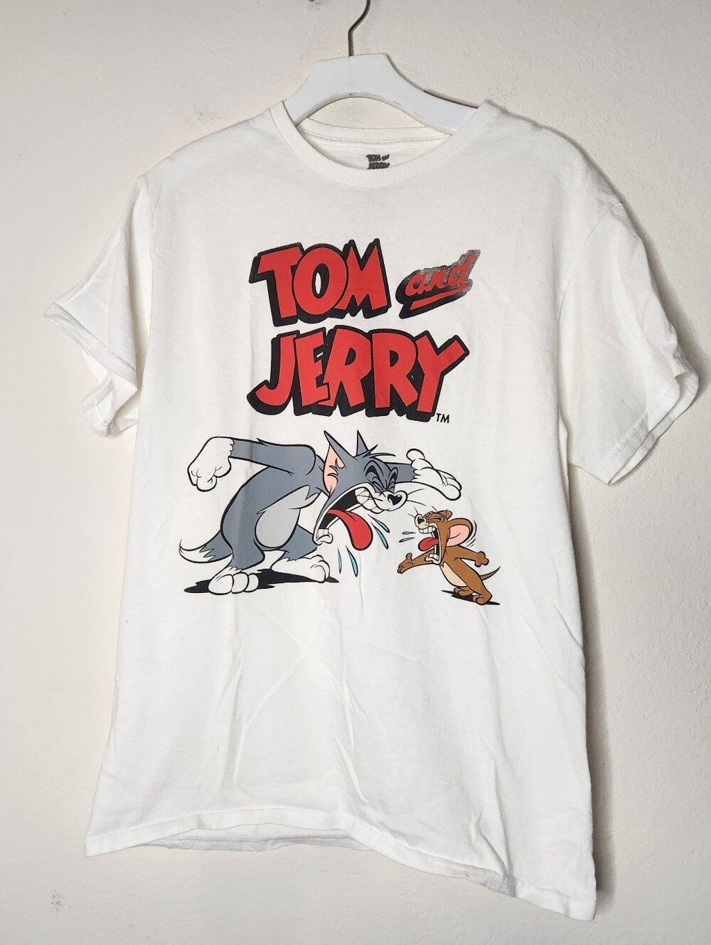 Tom And Jerry Mens Medium White Graphic Shirt Short Sleeve